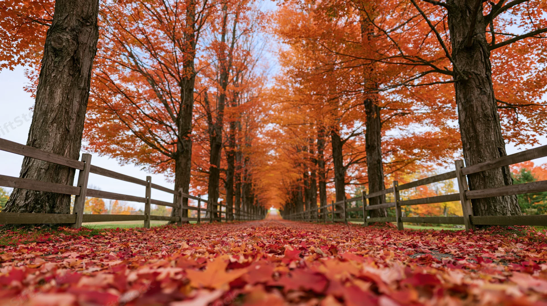 Autumn pathway lined with orange-leaved trees and wooden fences, covered in fallen leaves