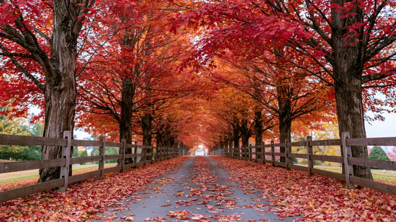 Autumn trees lining a leaf-covered road with wooden fences on both sides