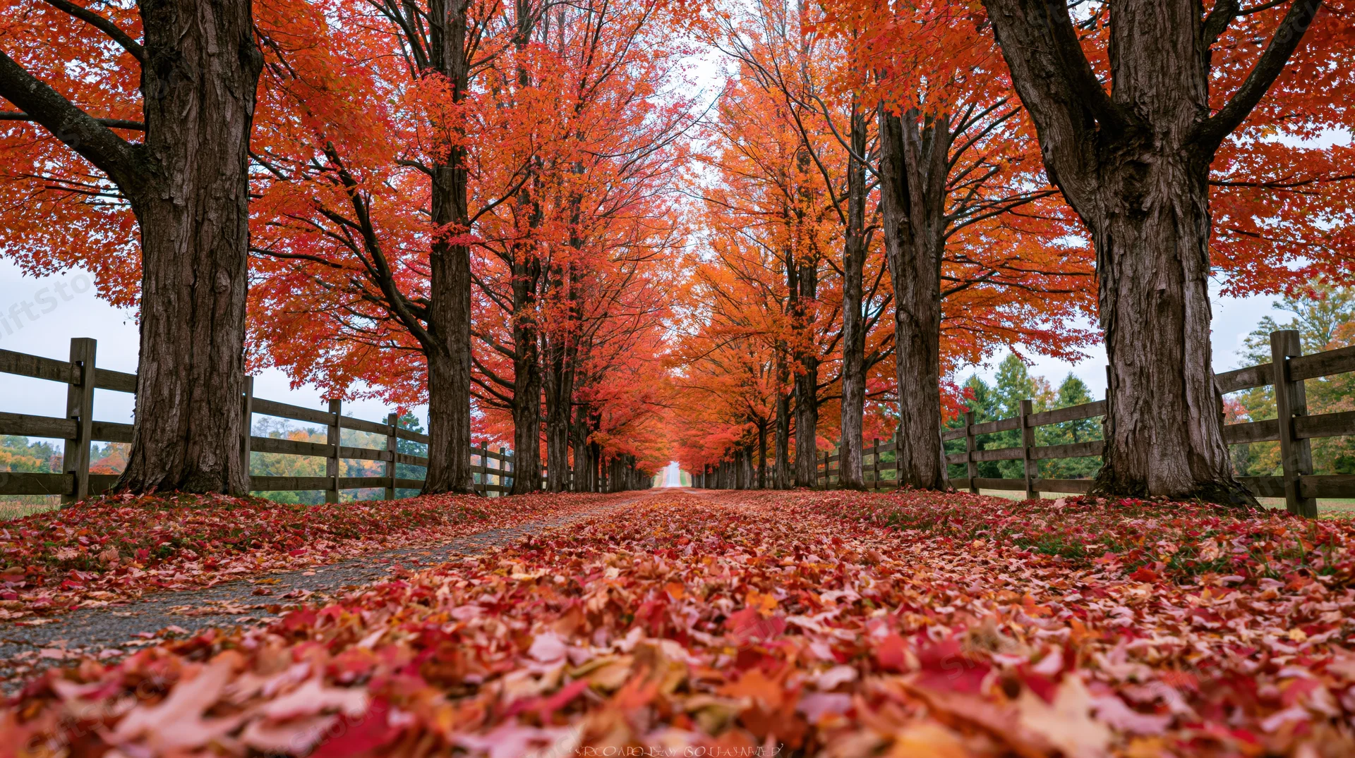 Autumn path lined with ginkgo trees and covered in fallen red-orange leaves, flanked by wooden fences in a rural setting
