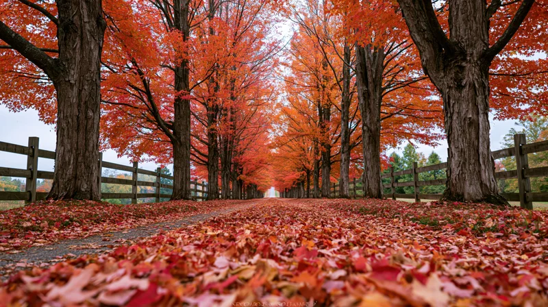 Autumn path lined with ginkgo trees and covered in fallen red-orange leaves, flanked by wooden fences in a rural setting