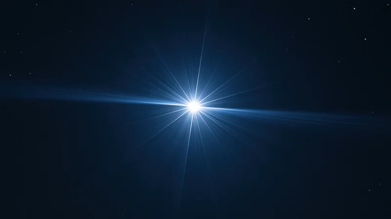 Bright star radiating light beams across dark night sky