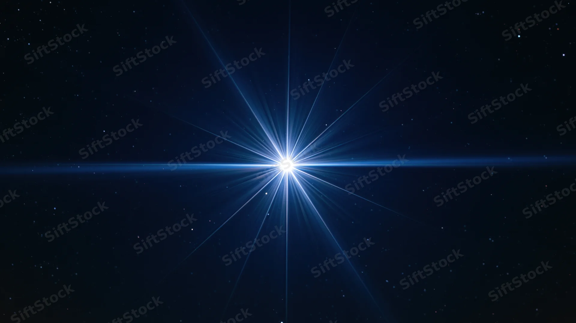Bright star radiating light beams across dark space background