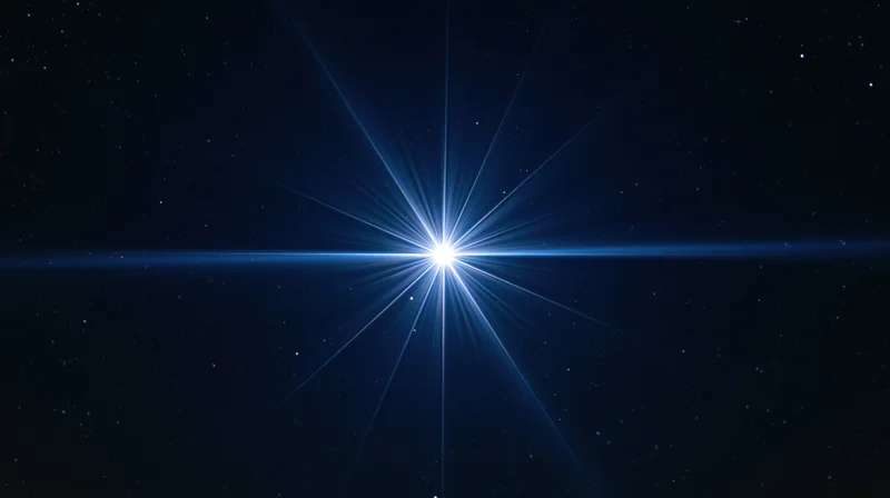 Bright star radiating light beams across dark space background