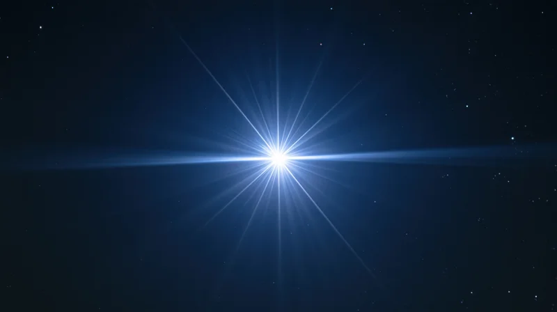 Bright star radiating light beams across dark night sky