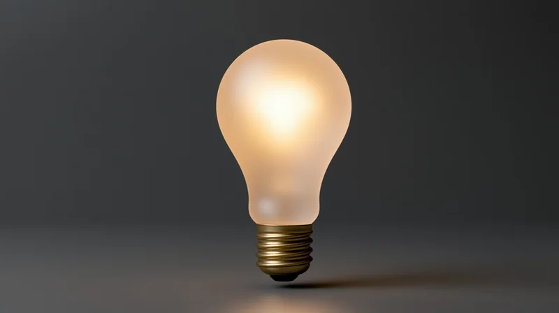 Glowing lightbulb floating above dark surface with soft shadow and reflection