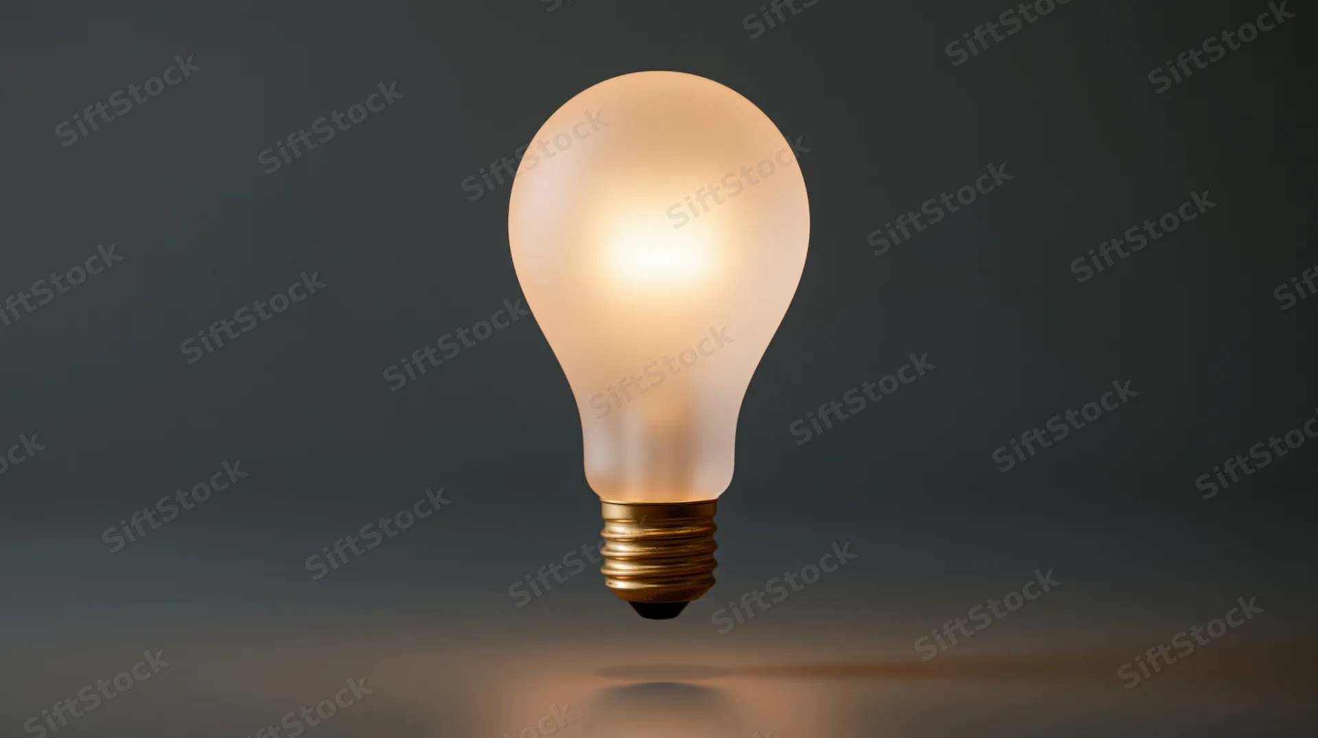 Glowing lightbulb floating above dark surface with soft reflection