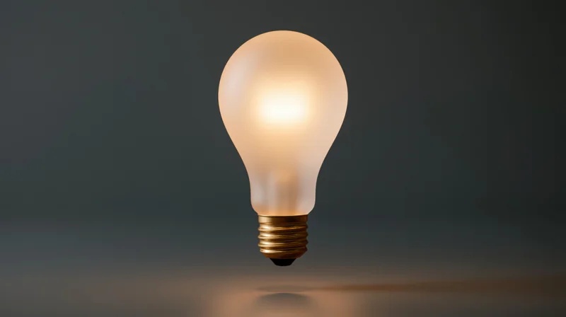 Glowing lightbulb floating above dark surface with soft reflection