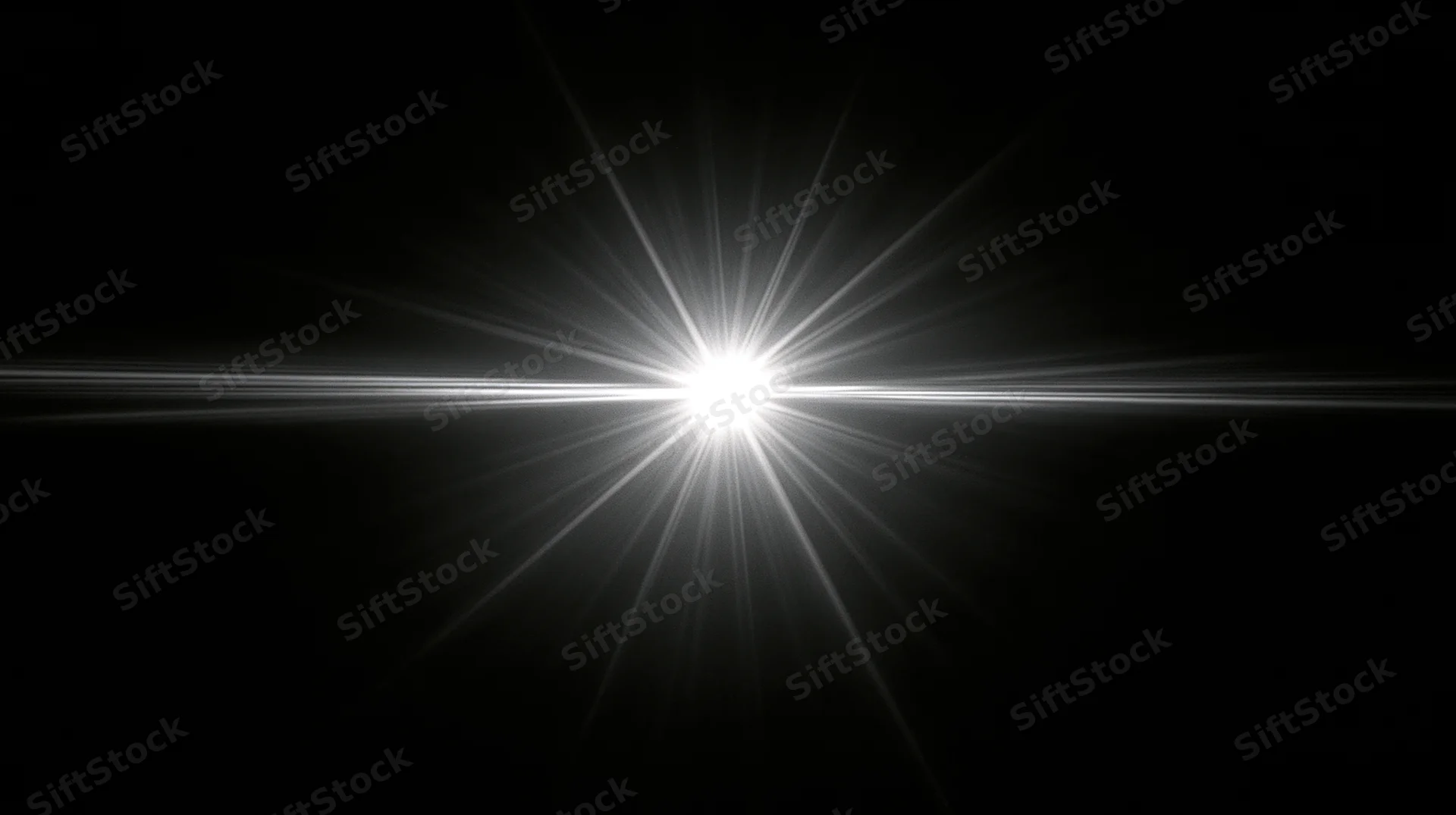 Bright white light burst radiating from center against black background with horizontal flare and symmetrical rays