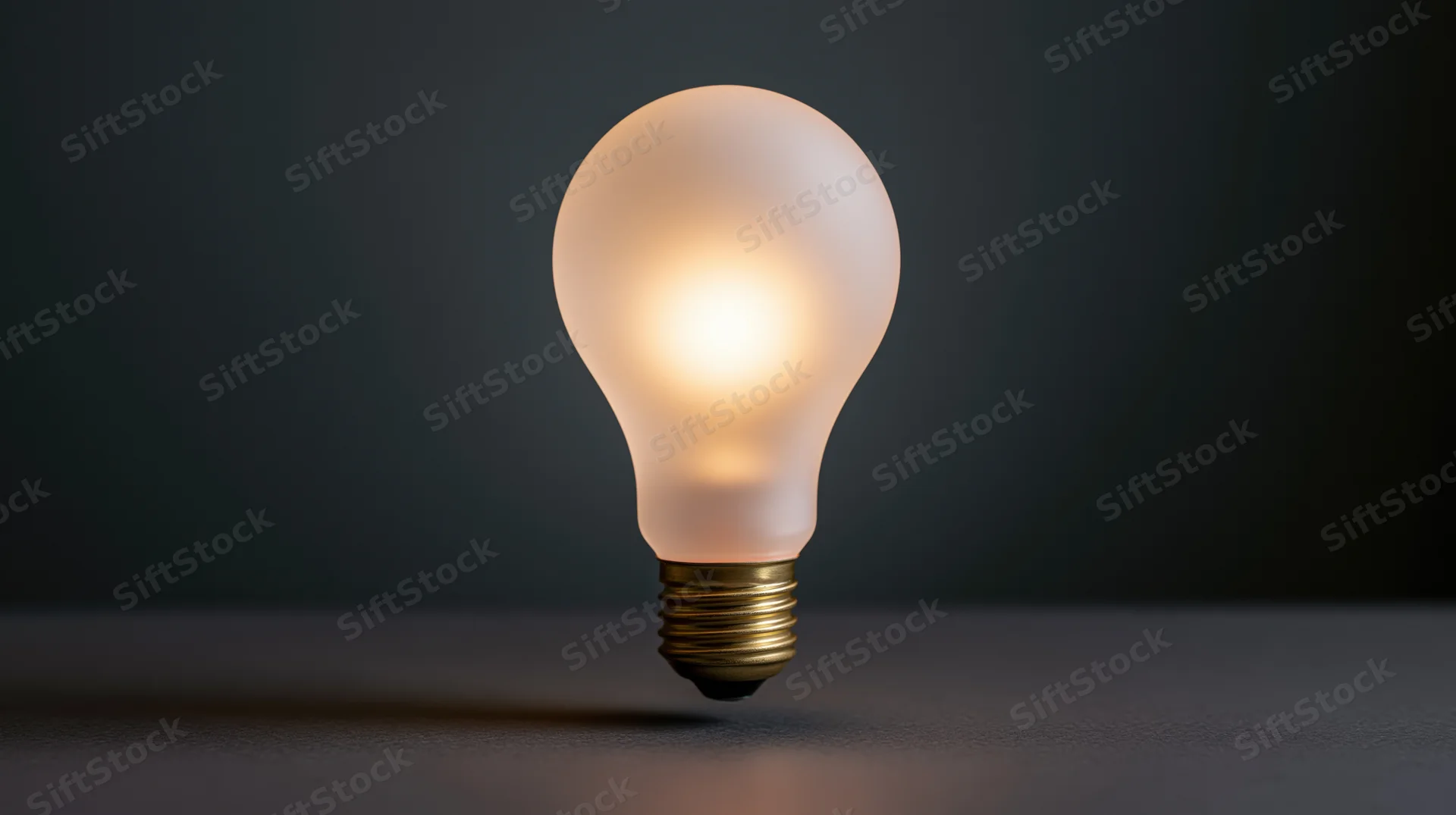 Glowing lightbulb resting on dark surface with soft illumination and shadow