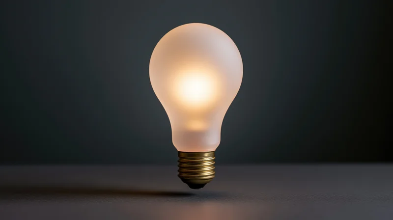 Glowing lightbulb resting on dark surface with soft illumination and shadow