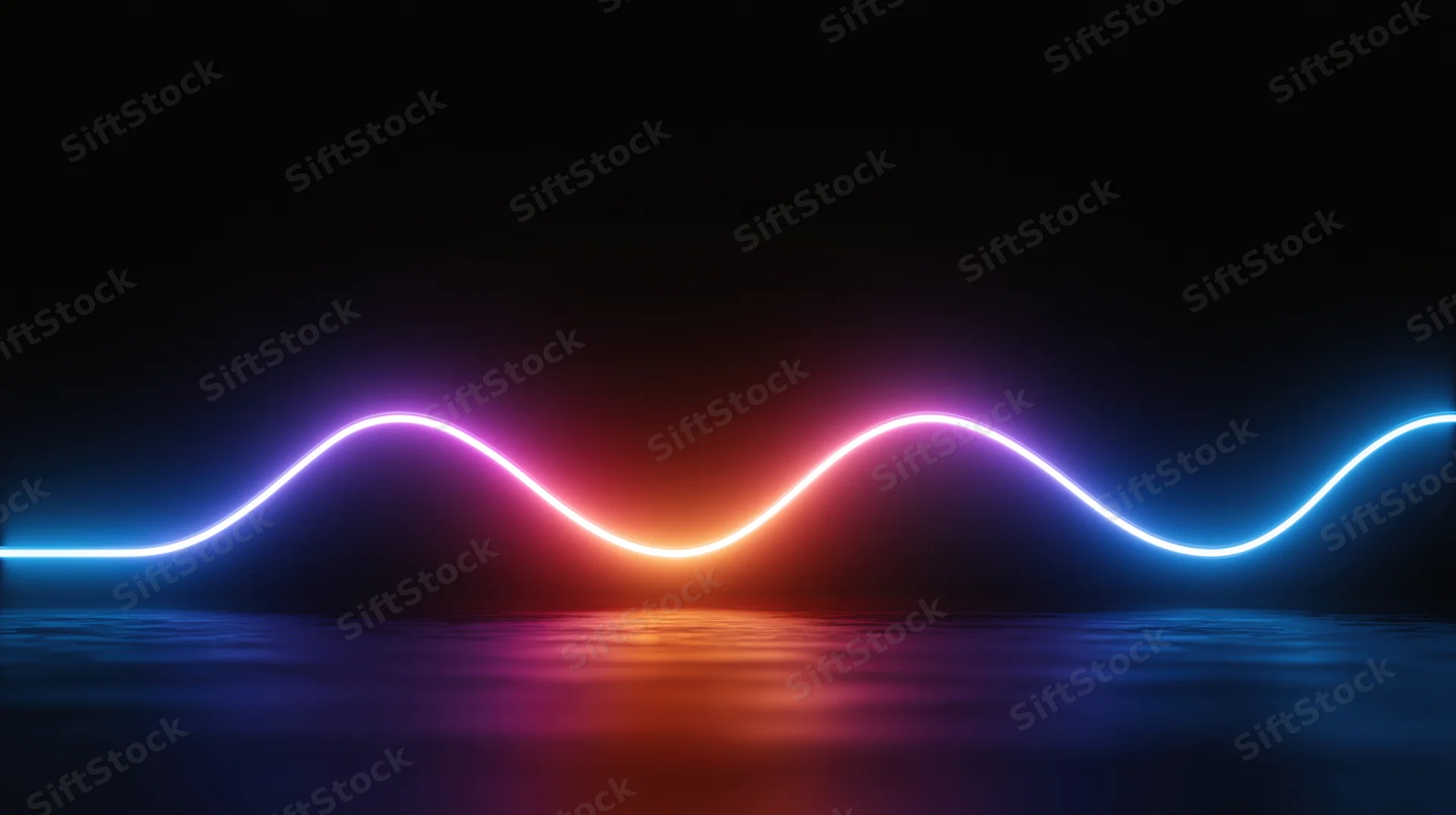 Glowing neon wave reflecting on dark water surface