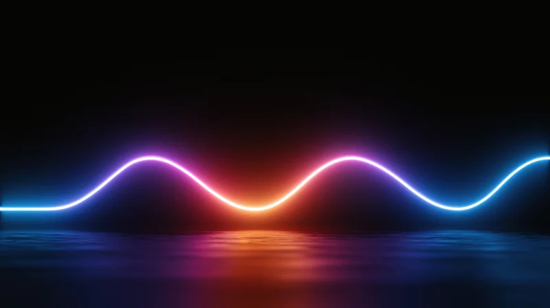 Glowing neon wave reflecting on dark water surface