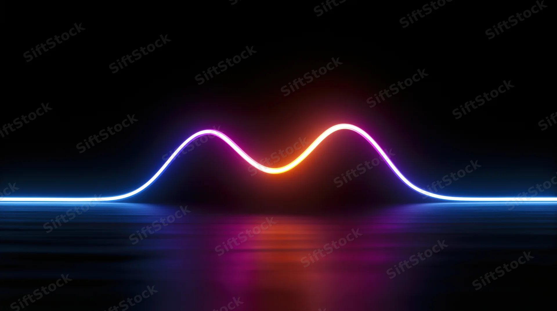 Glowing neon wave reflecting on dark surface