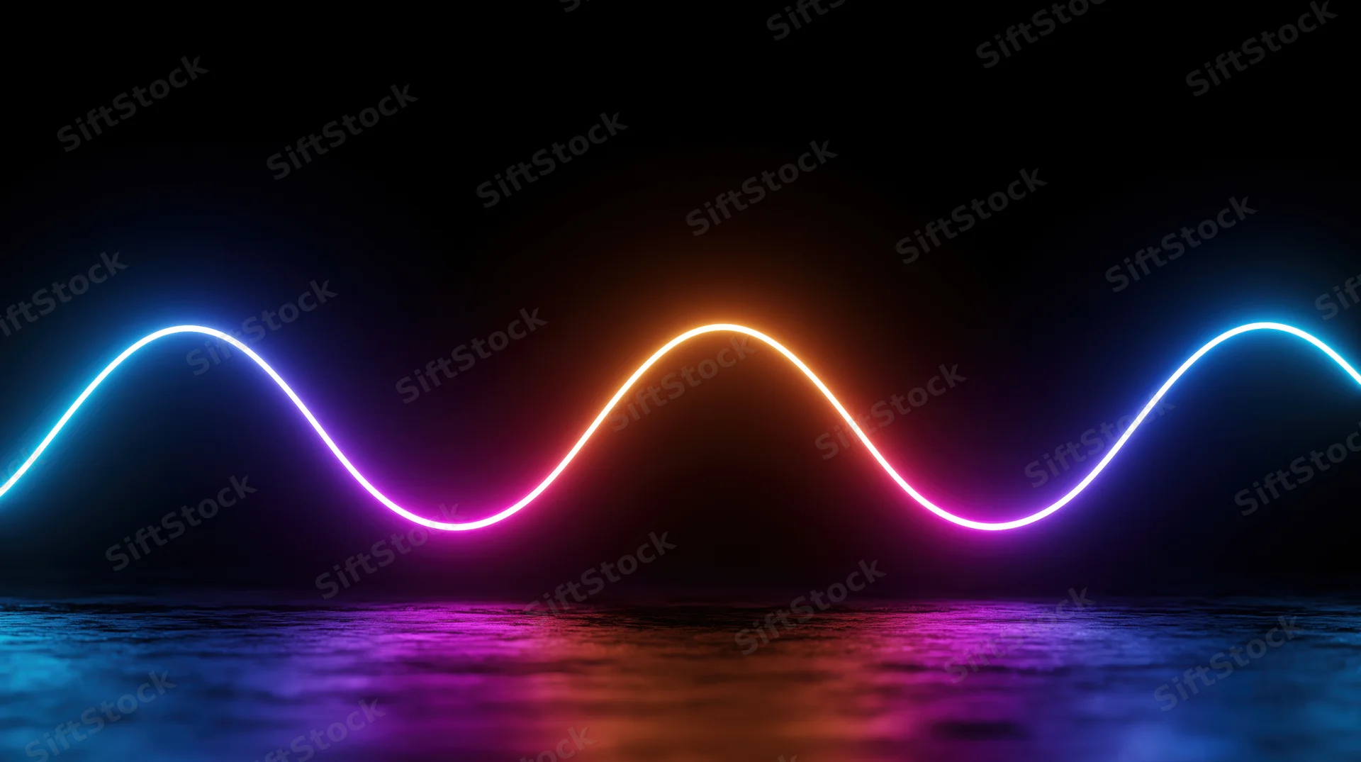 Glowing neon wave pattern reflecting on dark water surface