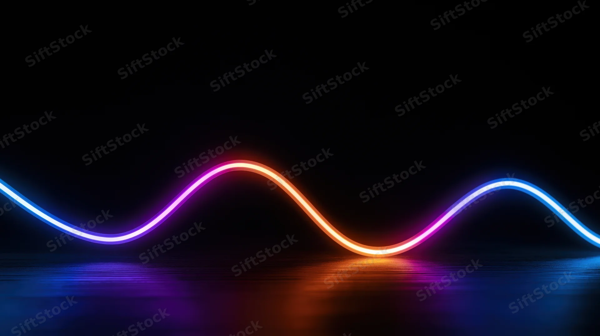 Glowing neon wave forming a colorful spectrum across a dark reflective surface