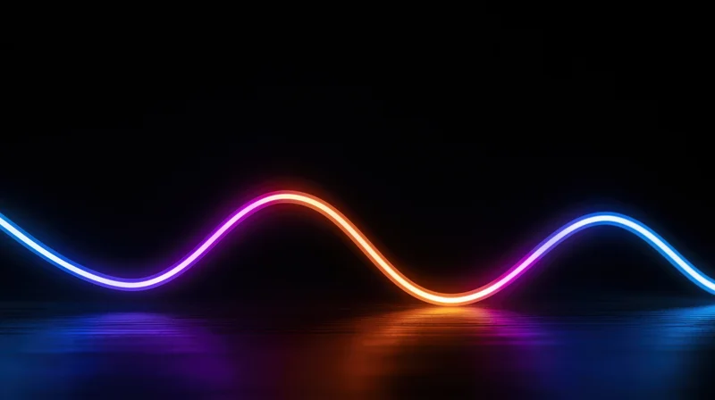 Glowing neon wave forming a colorful spectrum across a dark reflective surface