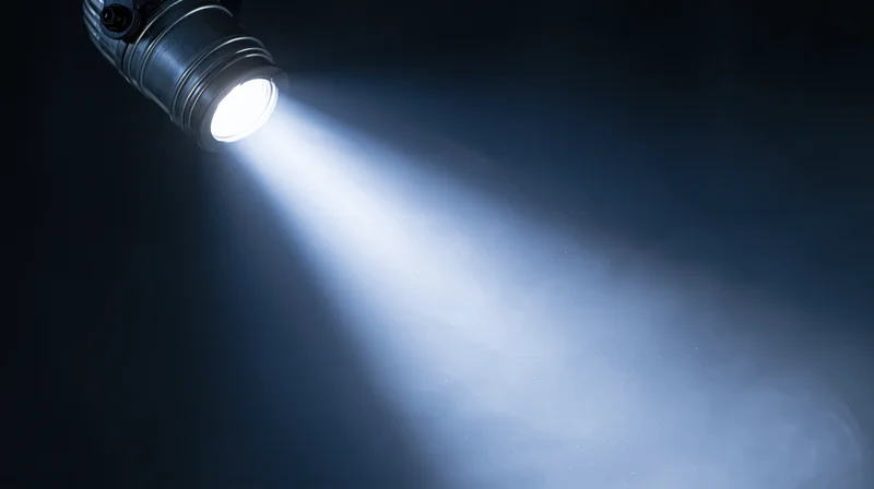 Spotlight casting a bright beam of light into dark space with visible haze
