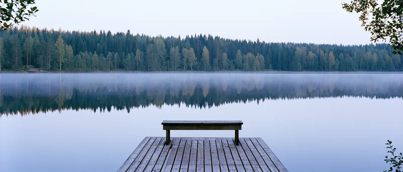 Wooden bench on a dock extending over a misty lake with forested shoreline reflected in calm water