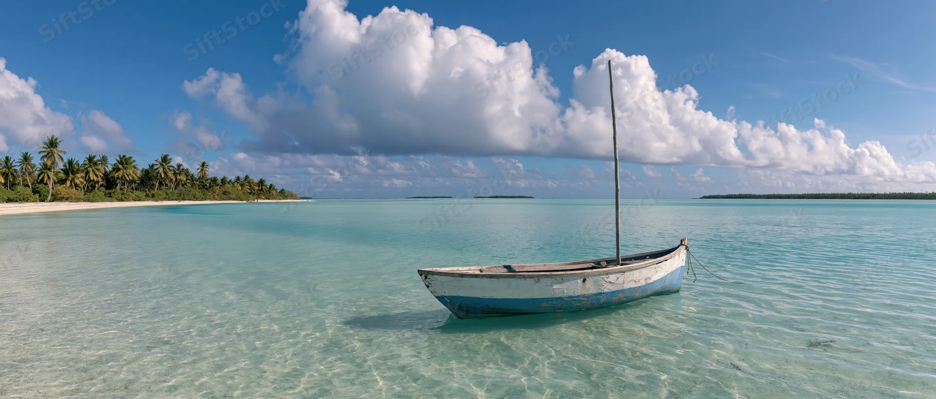 A weathered wooden sailboat moored in clear turquoise water near a tropical beach with palm trees under a blue sky with white clouds