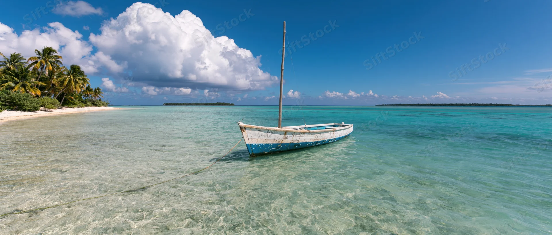 A weathered sailboat moored in shallow turquoise water near a palm-lined tropical beach