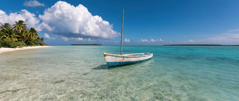 A weathered sailboat moored in shallow turquoise water near a palm-lined tropical beach