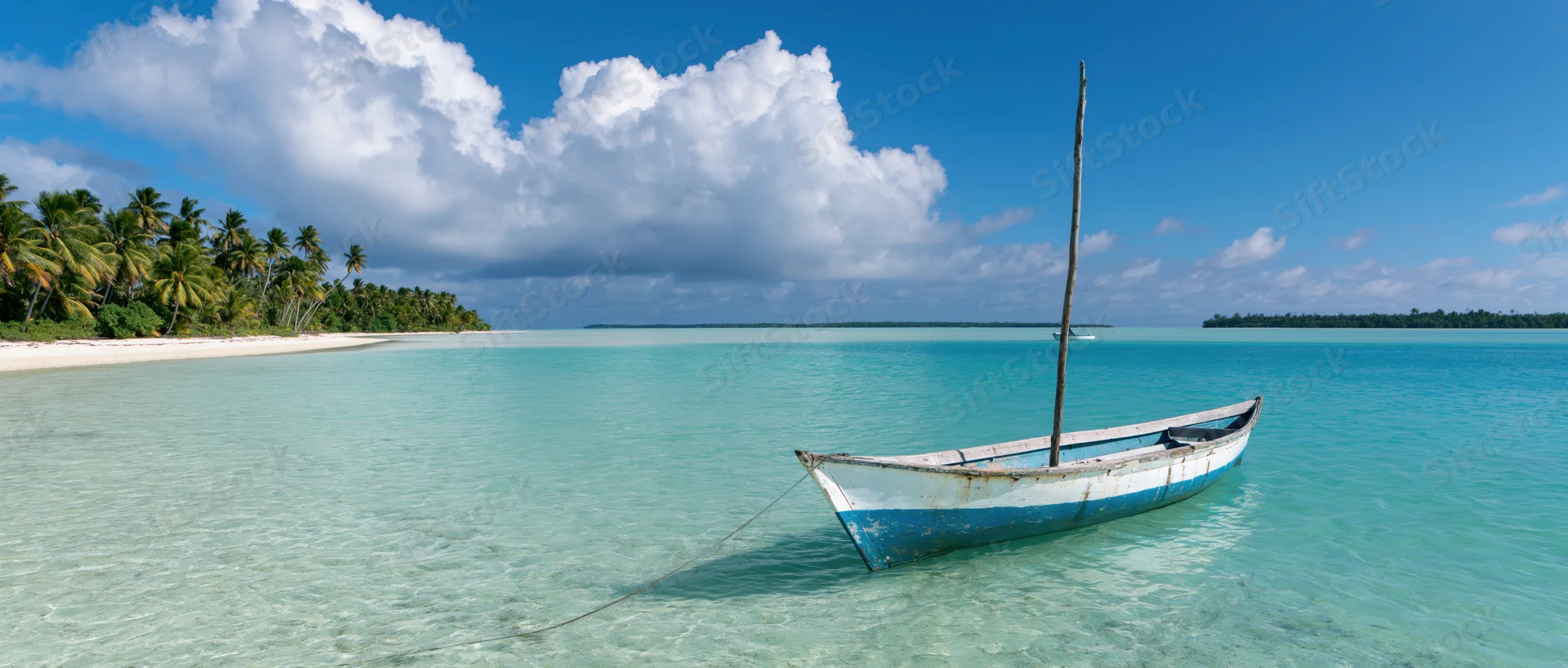A small wooden boat docked in clear turquoise water near a white sandy beach lined with palm trees