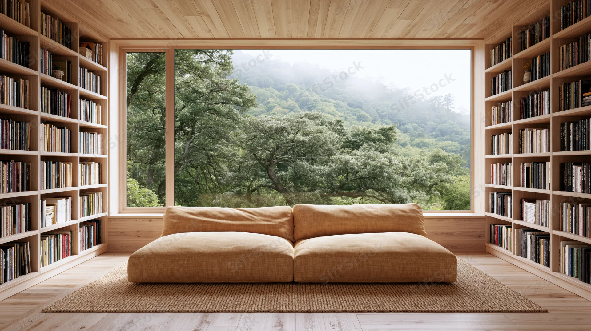 Low-profile beige sofa centered in wooden living room with floor-to-ceiling windows overlooking misty forested mountains, flanked by tall bookshelves filled with books