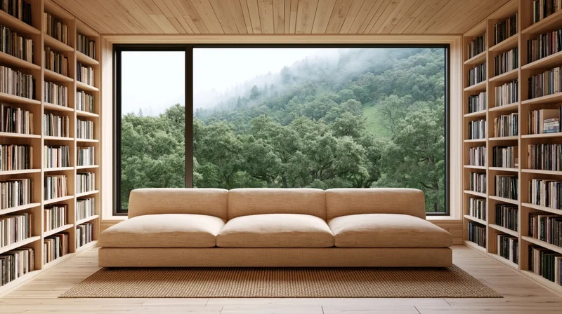 Beige sofa centered in a wooden living room with bookshelves and a large window overlooking a misty forested mountain landscape
