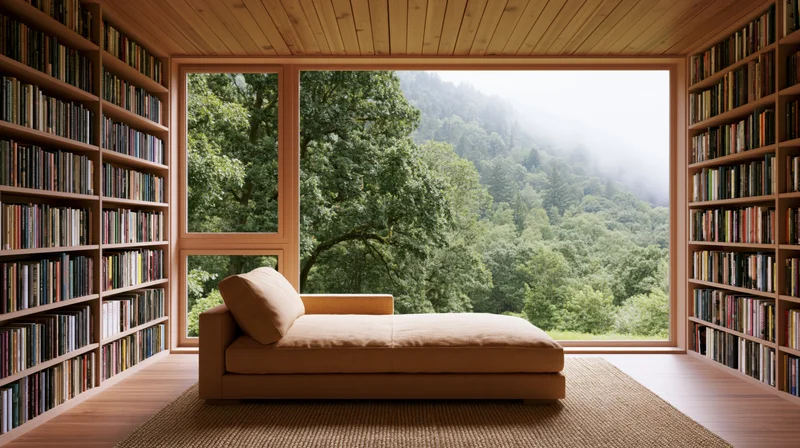 A modern reading nook with a wooden sofa and bookshelves facing a forest view through large windows