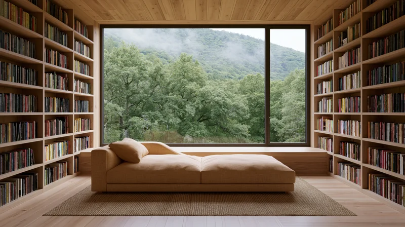 A beige sofa in a wooden library with floor-to-ceiling windows overlooking a misty forested mountain