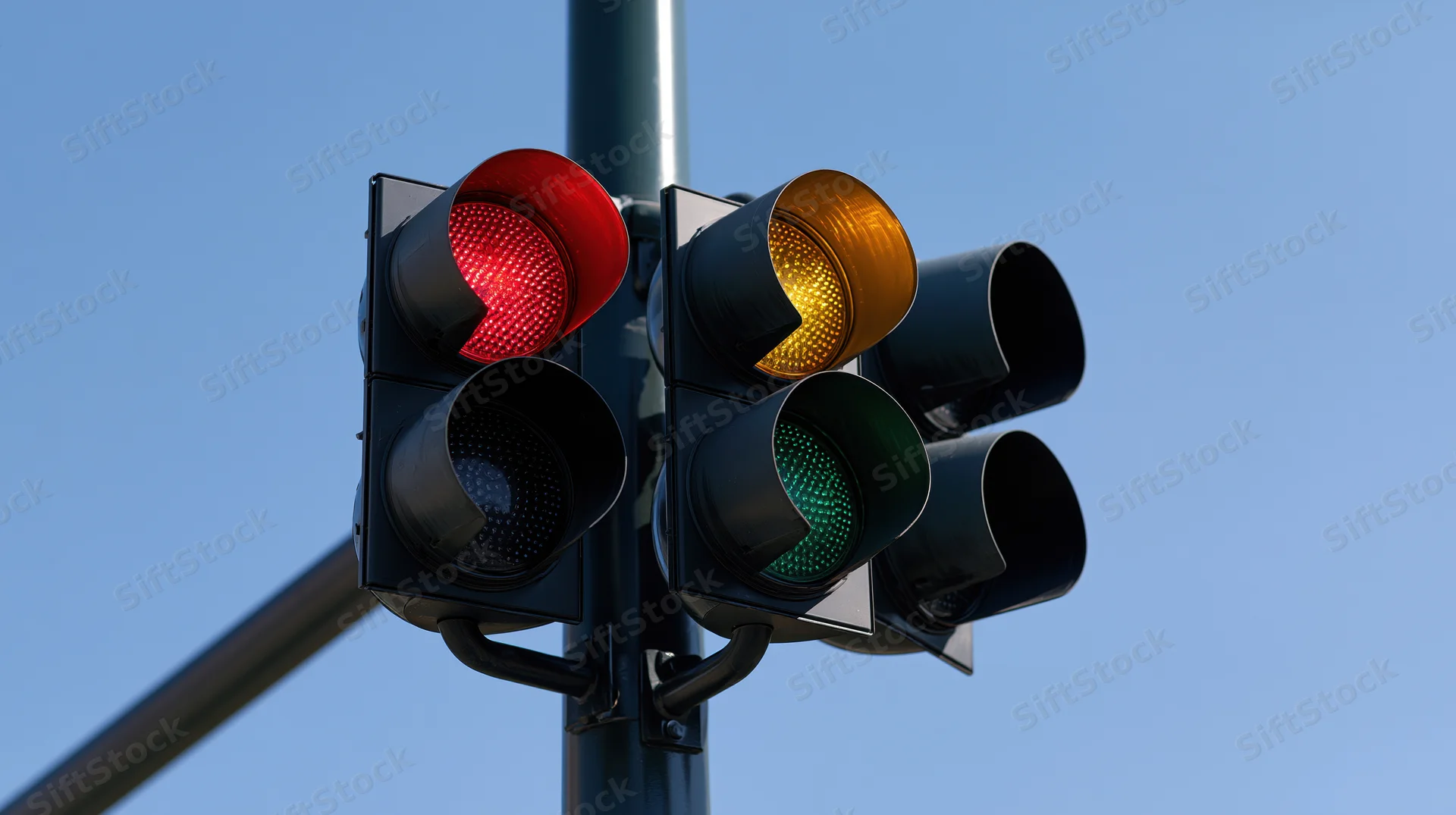 Traffic light with red, yellow, and green signals mounted on a pole against a clear blue sky