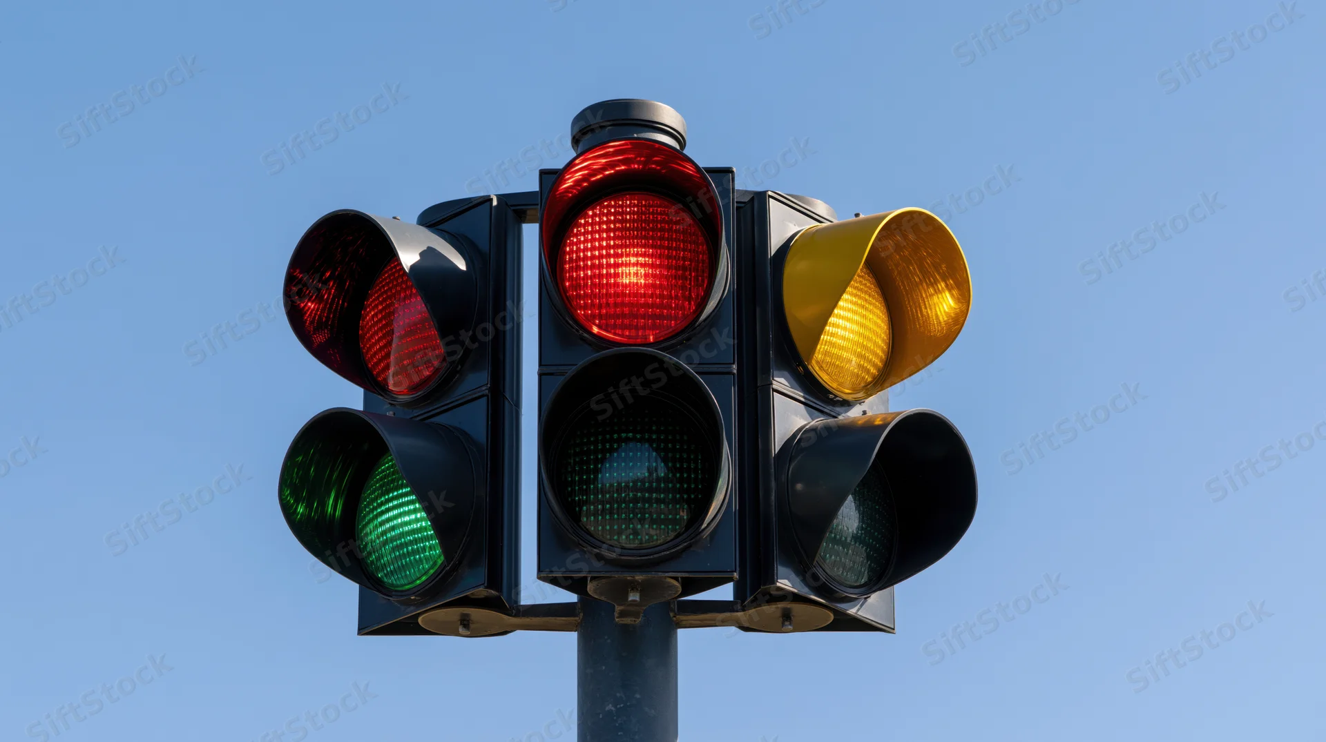 Three traffic lights showing red, yellow, and green signals against a clear blue sky