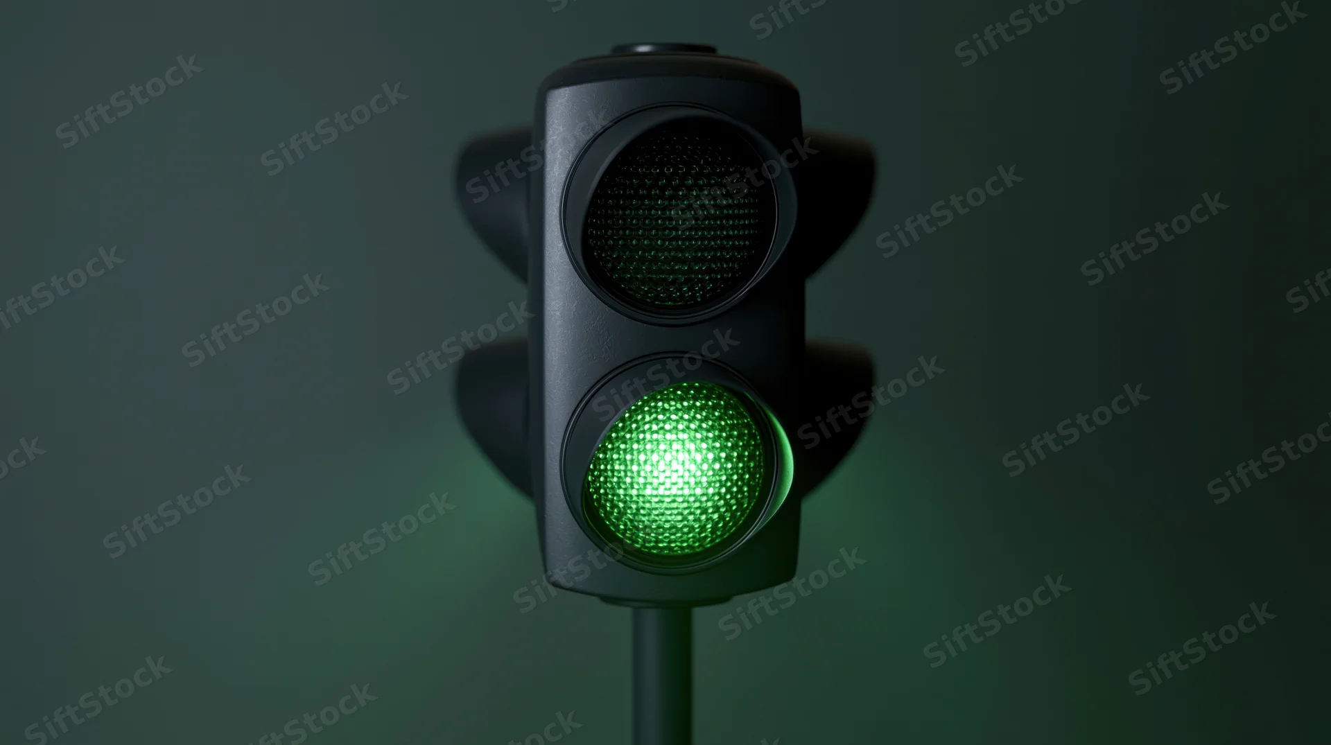 Traffic light with green signal illuminated on dark background