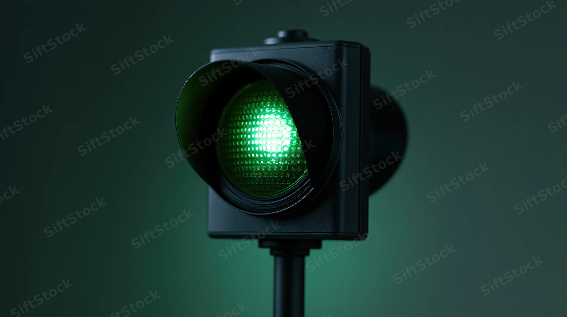 Illuminated green traffic light signal on dark gradient background with copyspace