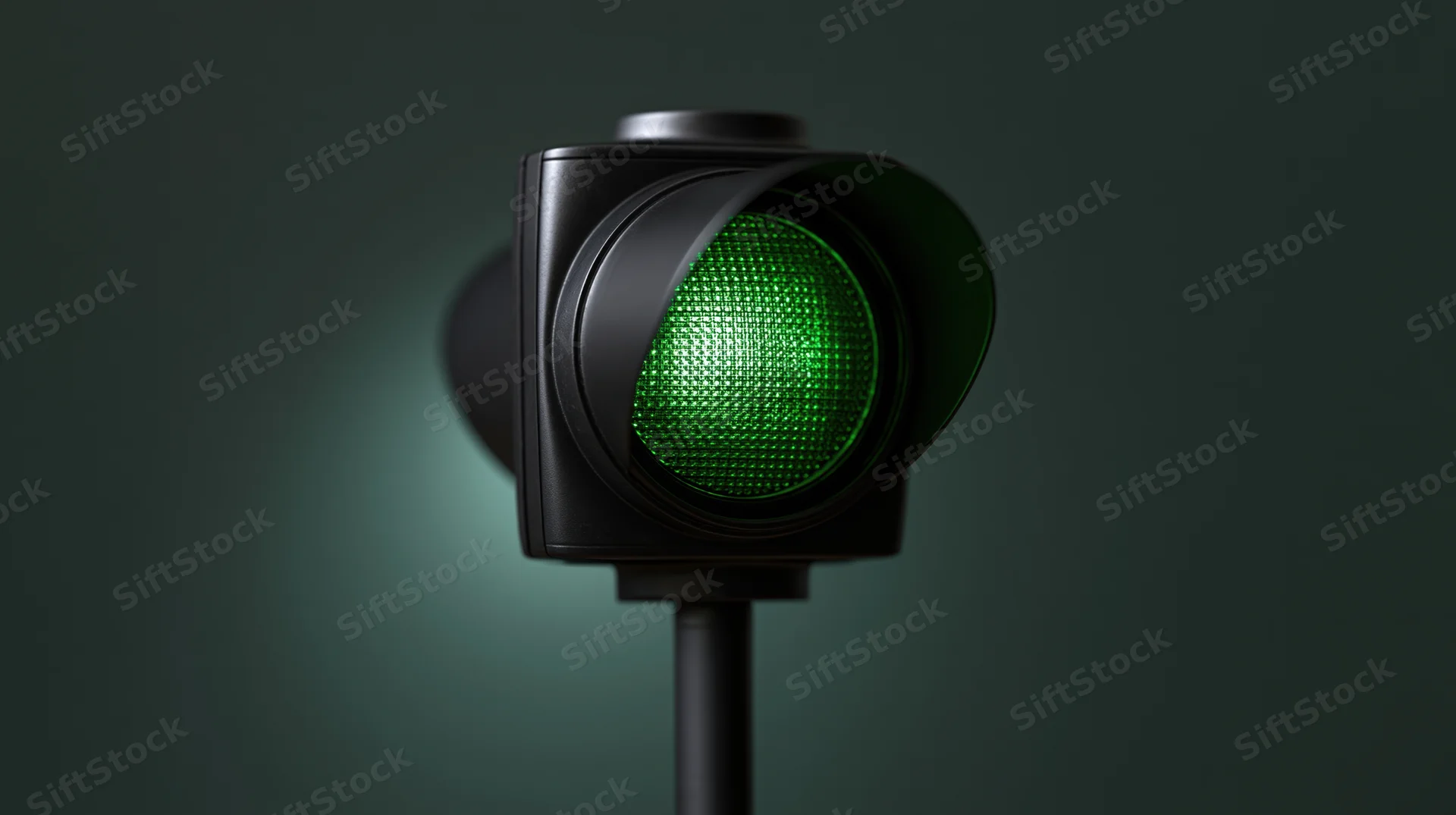 Green traffic light illuminated on a pole against a dark background
