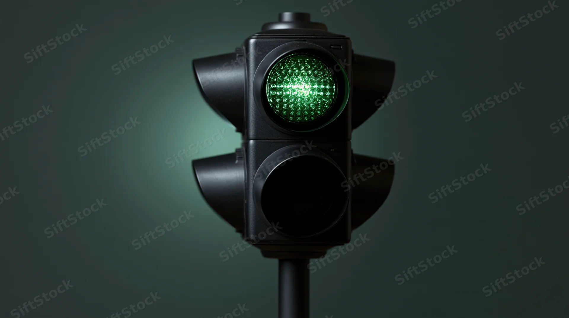 Traffic light with green signal illuminated on a dark background