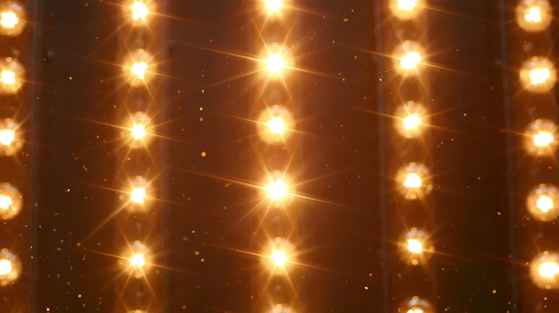 Rows of glowing lightbulbs arranged vertically in a warm golden pattern against a dark background