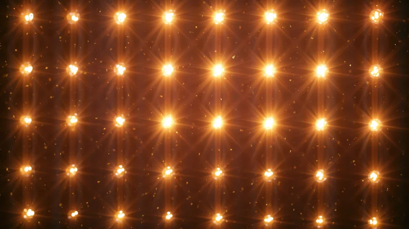 Grid of warm glowing lights arranged in rows creating a radiant backdrop