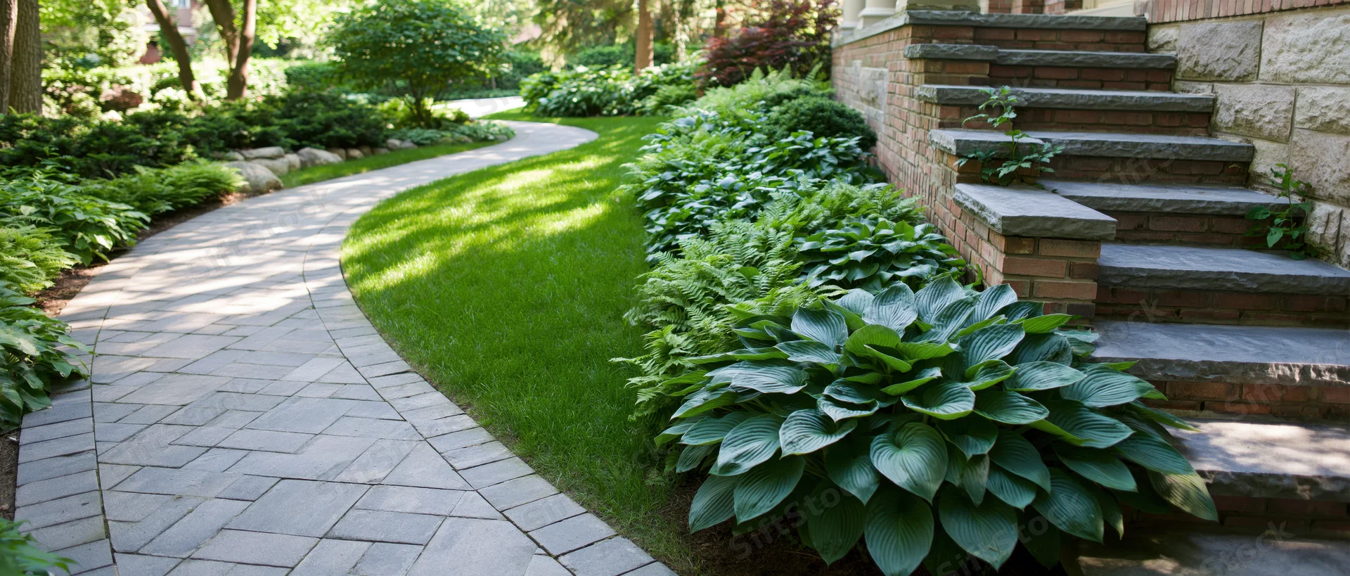Curved stone pathway winding through a lush green garden beside brick steps and hosta plants