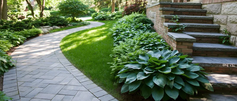 Curved stone pathway winding through a lush green garden beside brick steps and hosta plants