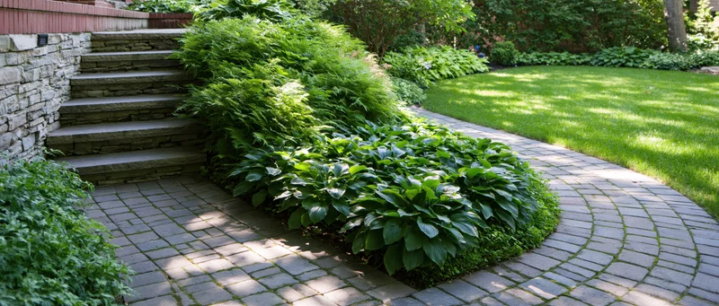 Curved brick pathway winding through lush green hosta and fern plants beside stone steps in a garden