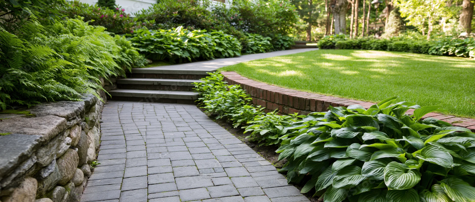 Curved brick and stone pathway through lush green garden with hosta and ferns alongside lawn and steps