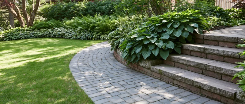Curved stone pathway with brick steps and hosta plants in a landscaped garden