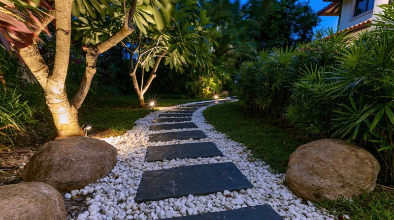 Stone stepping path through a landscaped garden with uplighting on trees and shrubs at dusk