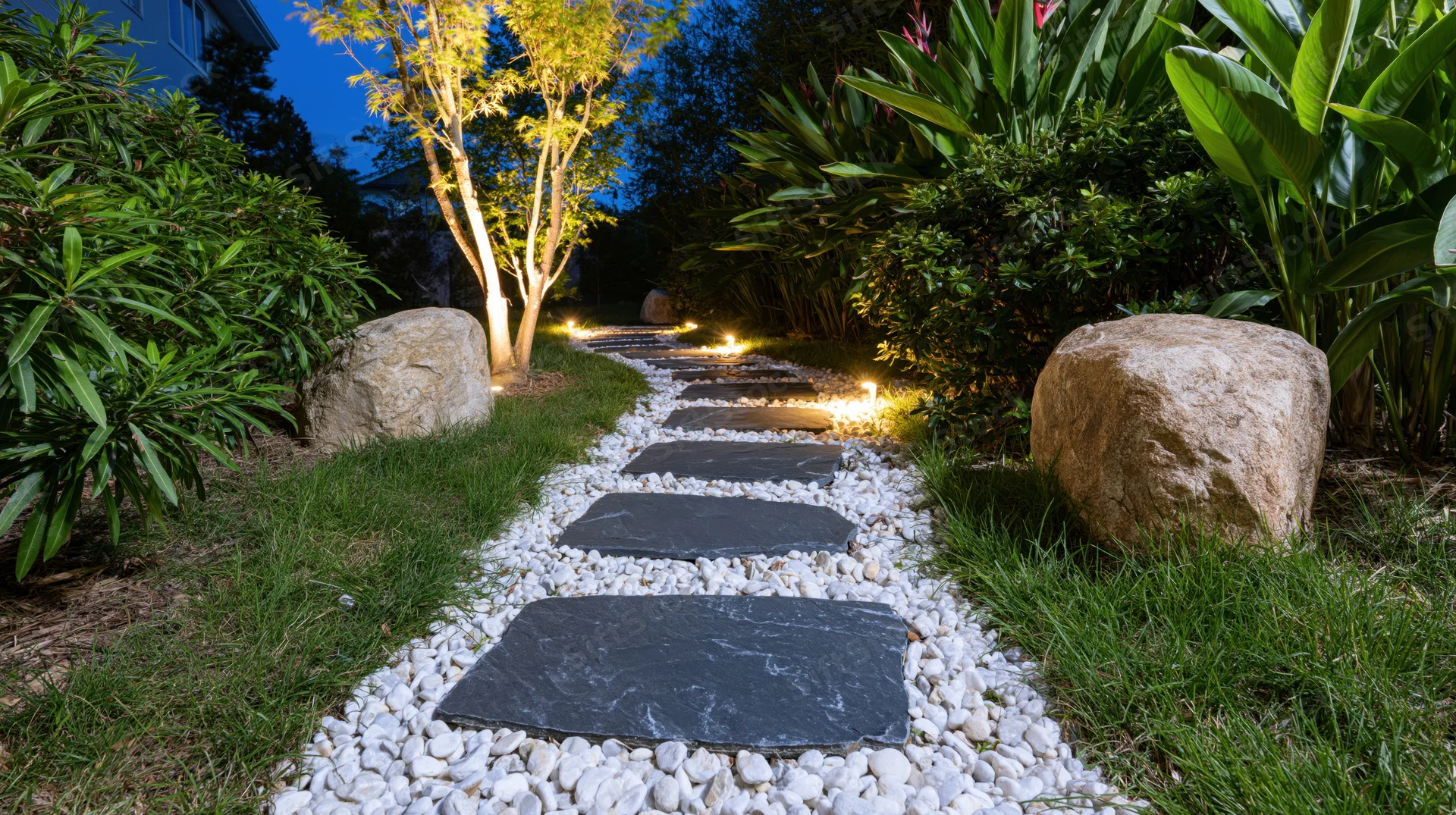 Slate stepping stones set in white pebbles along a grassy garden path at night with accent lighting and surrounding greenery