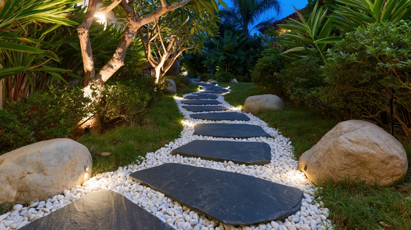 Stone pathway through a landscaped garden with white pebbles and illuminated greenery at dusk