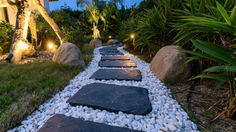 Stone pathway with black slabs and white pebbles winding through a tropical garden at dusk, illuminated by uplights