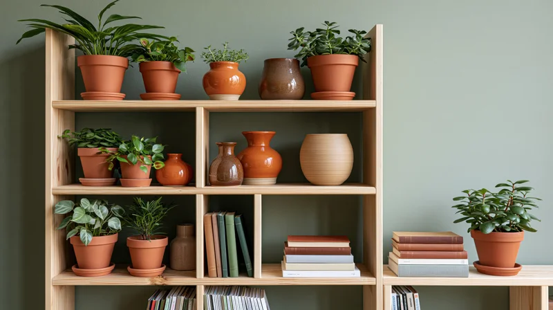 Wooden shelf holding potted plants and books arranged in a home interior setting