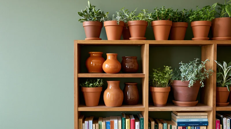 Terracotta pots with green plants arranged on wooden shelves beside books in a home interior