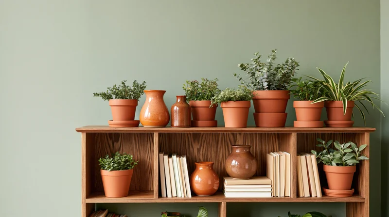 Wooden shelf holding potted plants and books against a green wall